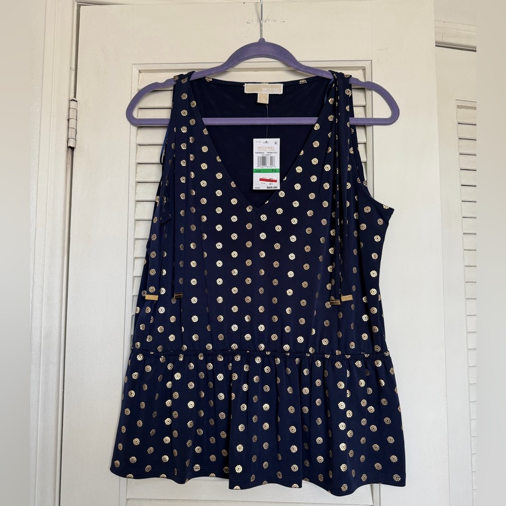 Michael Kors Navy Top with Gold Polka Dots